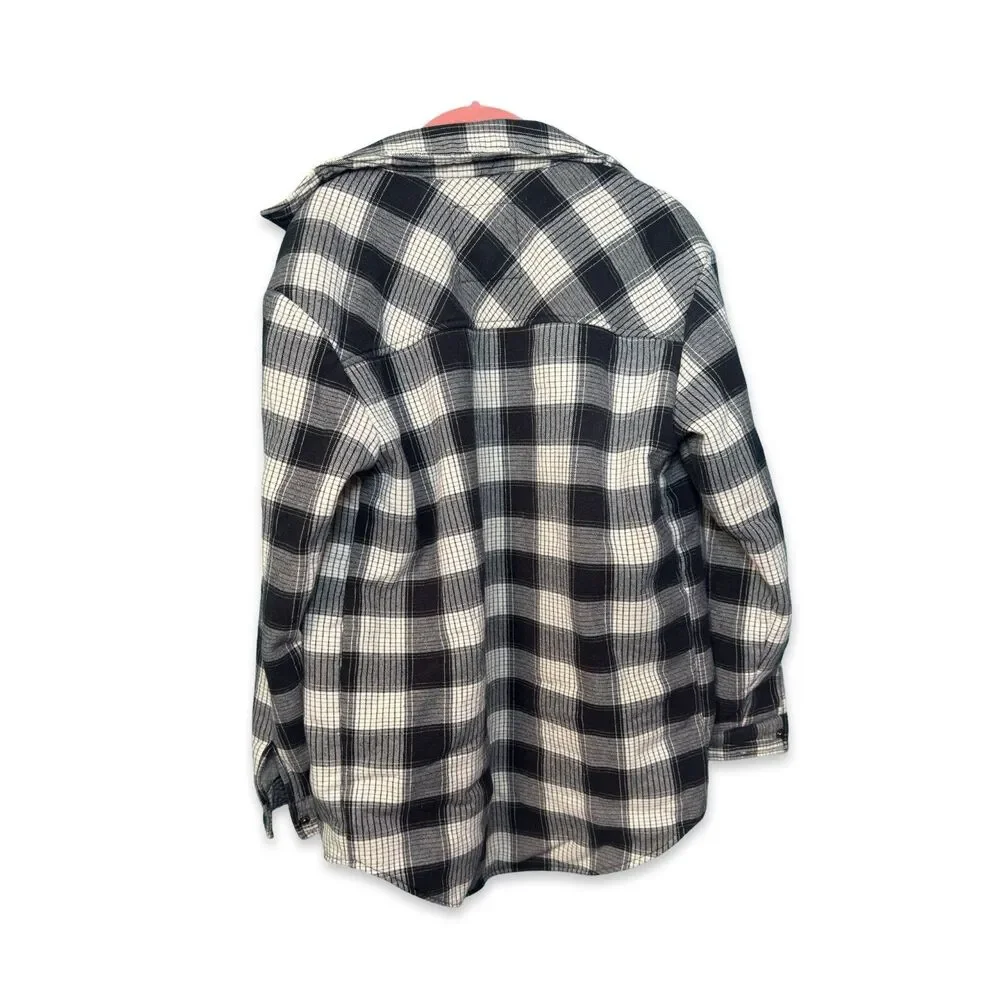 Girl Krazy Sherpa Lined Flannel Shacket Size M Black & Cream Plaid Boyfriend Fit